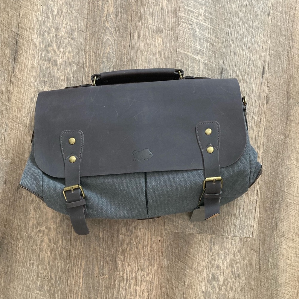 Buffalo Leather & Cotton Canvas Portfolio Business Briefcase Travel Bag - Picture 16 of 16